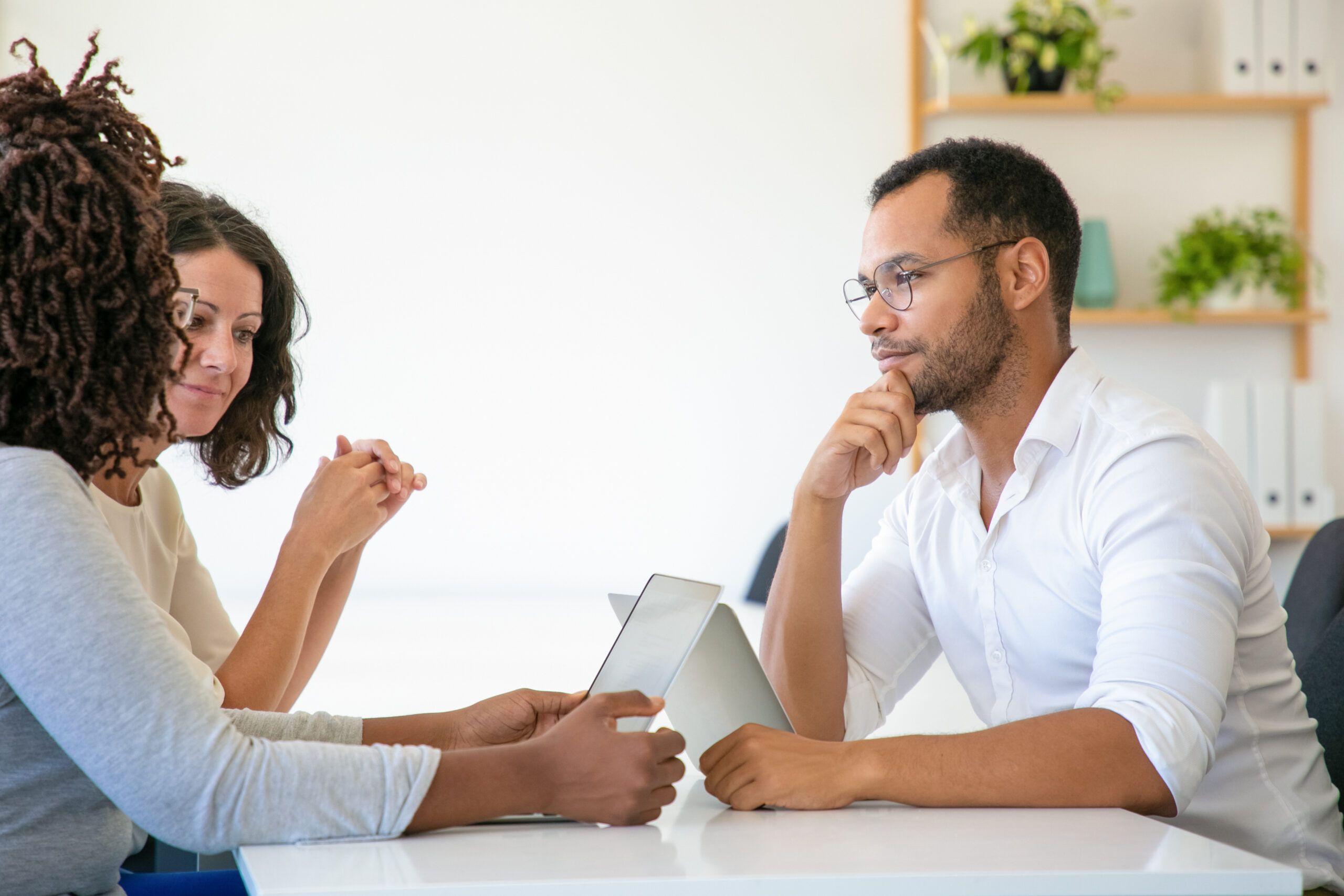 cheerful business partners talking